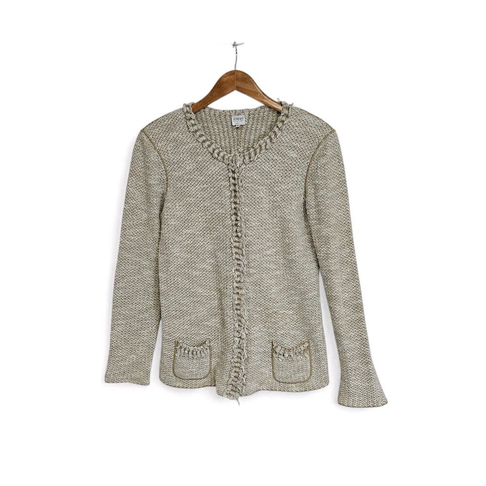 Armani Collezioni Beige Linen Silk Blend Knit Sweater Blazer Jacket Size 12